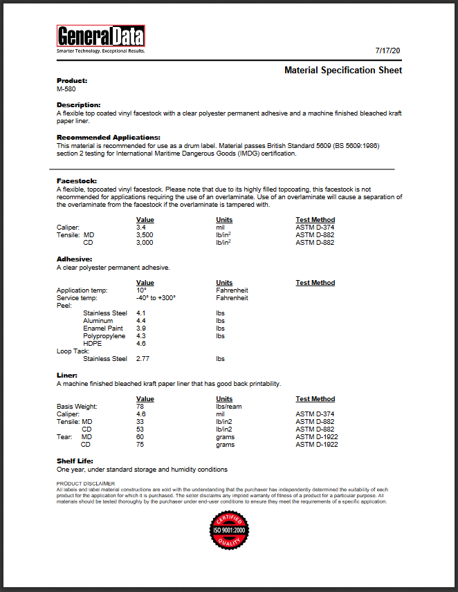 M-580 Specification Sheet