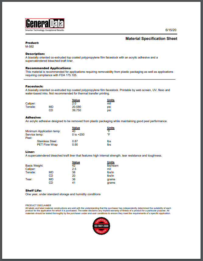 M-582 Material Specification Sheet