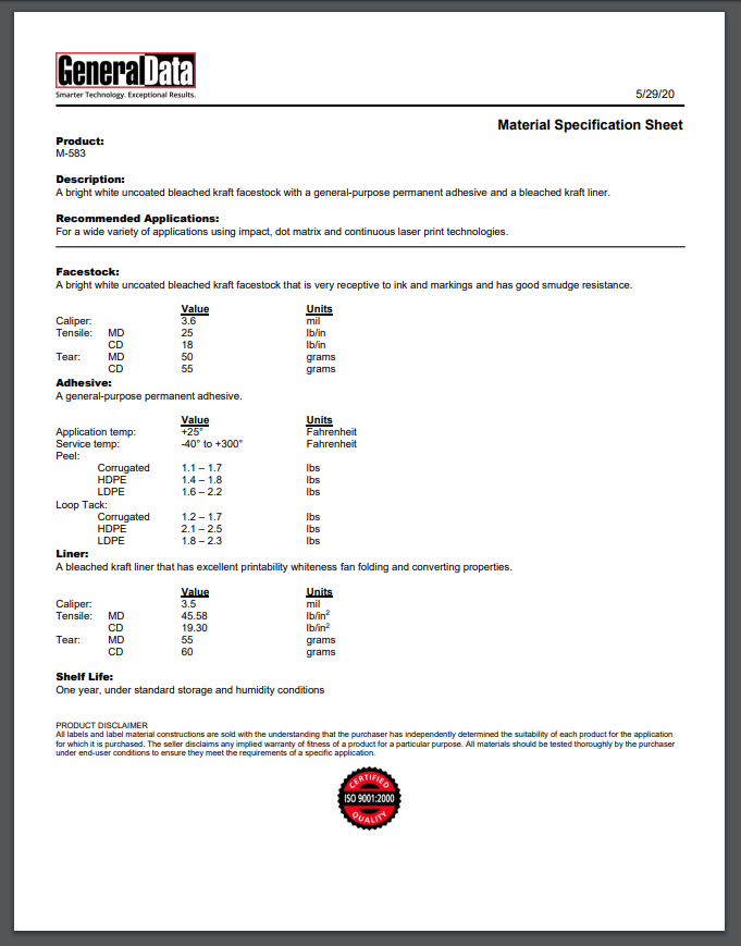 M-583 Material Specification Sheet