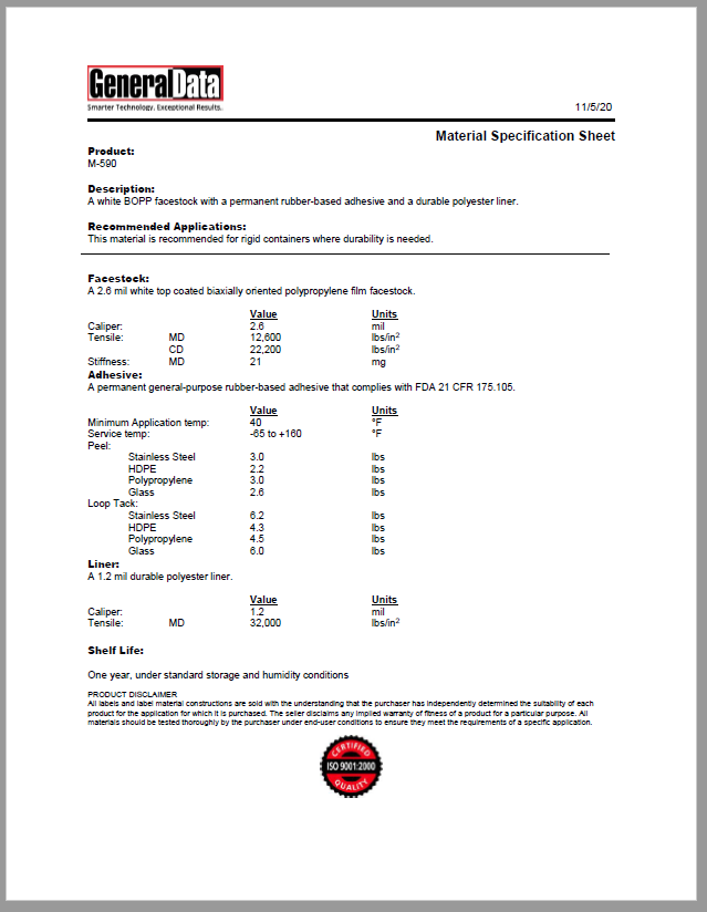 M-590 Material Specification Sheet