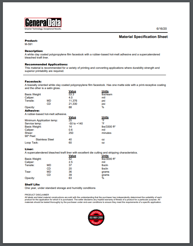 M-591 Material Specification Sheet