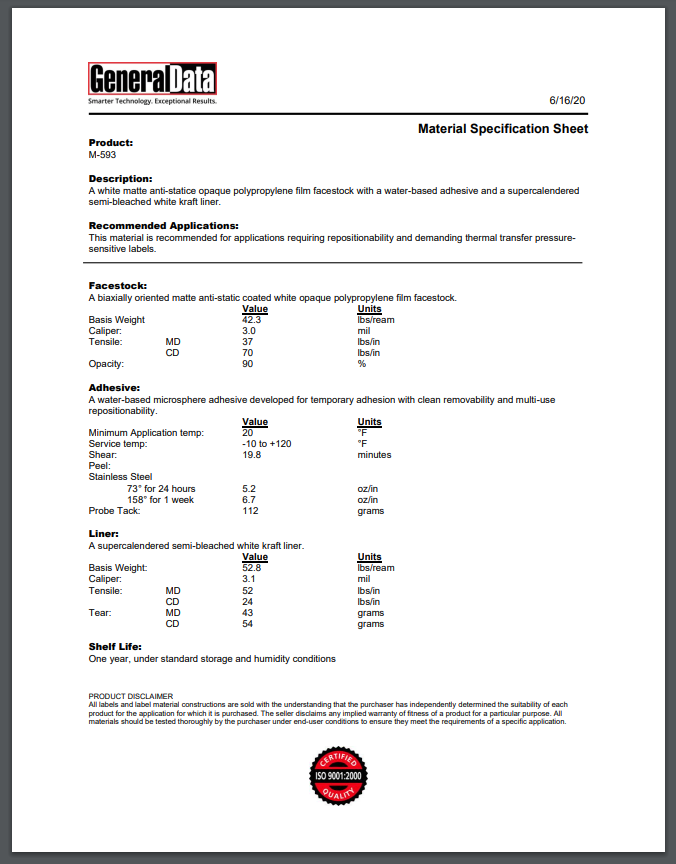 M-593 Material Specification Sheet