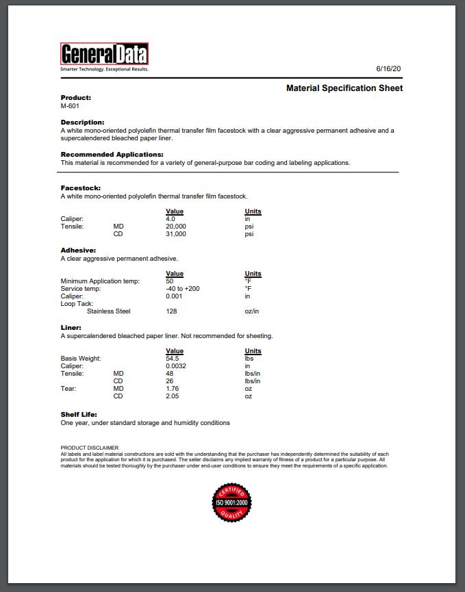 M-601 Material Specification Sheet