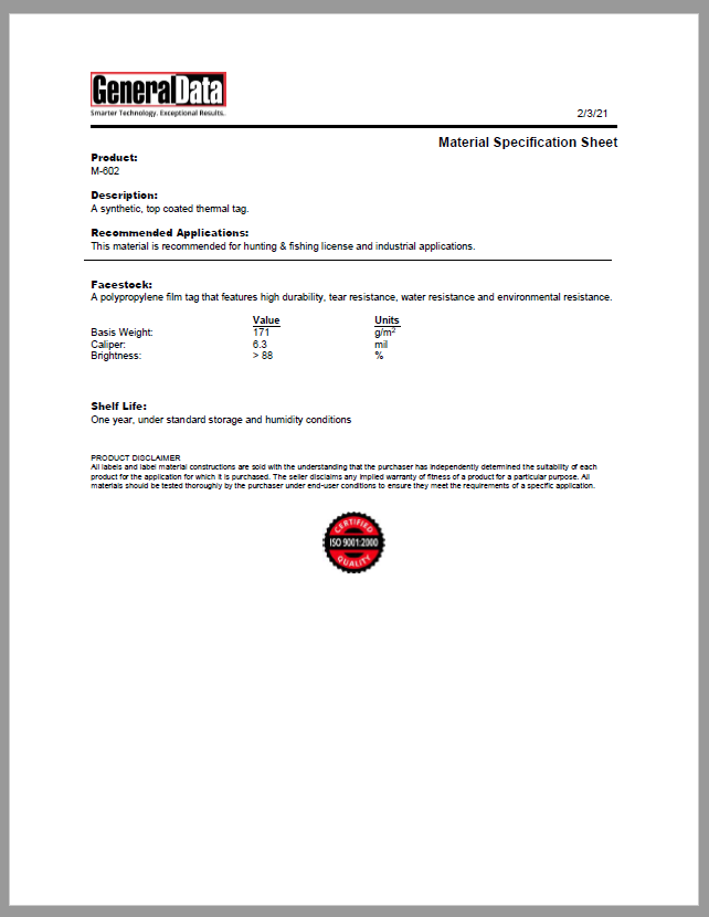 M-602 Material Specification Sheet