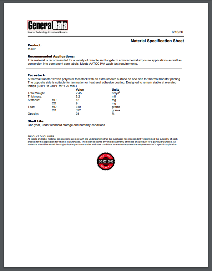 M-605 Material Specification Sheet