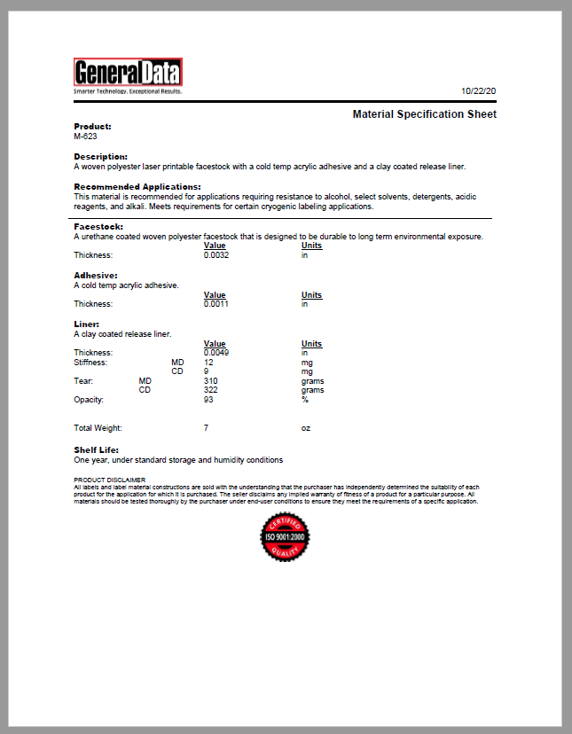 M-623 Material Specification Sheet