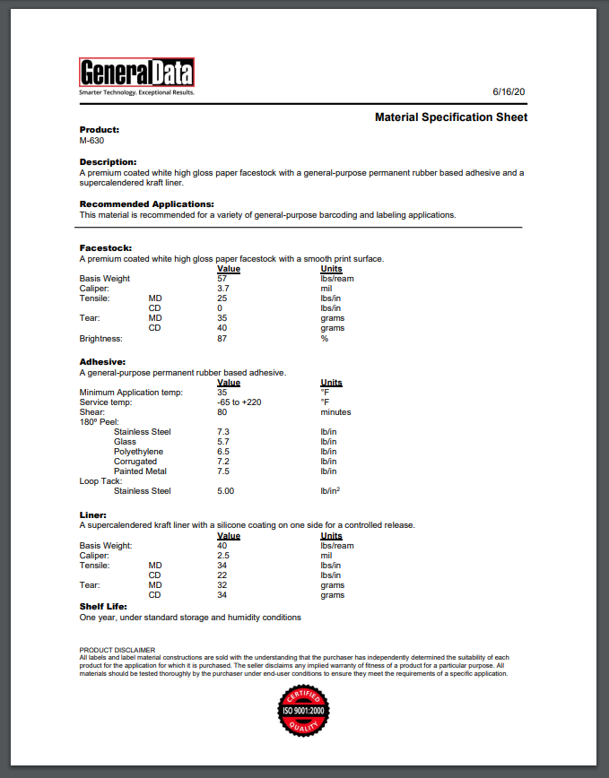 M-630 Material Specification Sheet