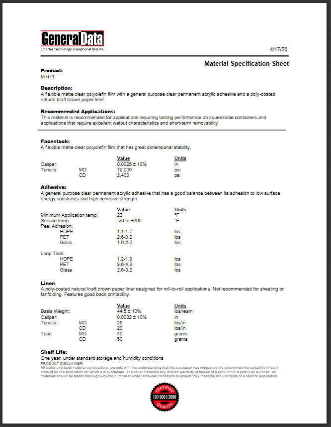 M-671 Material Specification Sheet