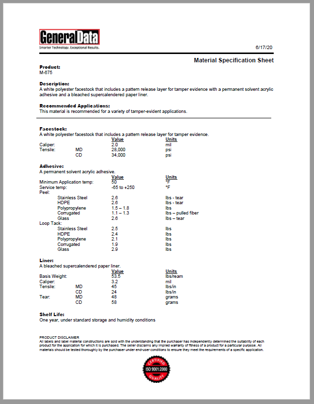 M-675 Material Specification Sheet