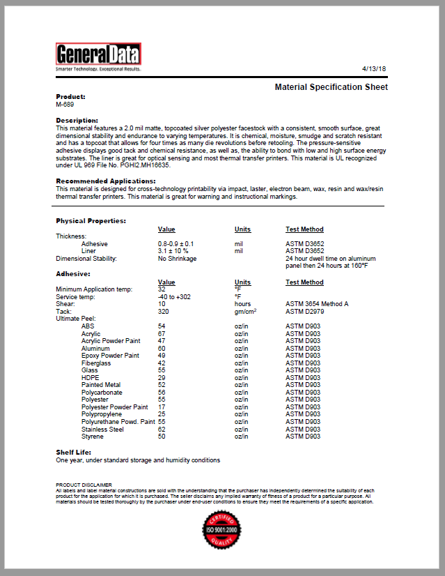 M-689 Material Specification Sheet