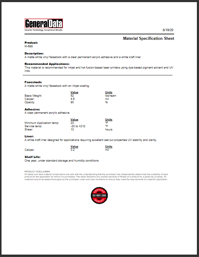 M-698 Material Specification Sheet