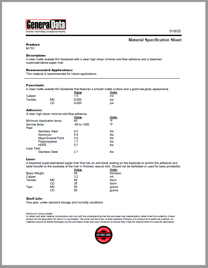 M-701 Material Specification Sheet