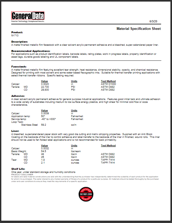 M-713 Material Specification Sheet 