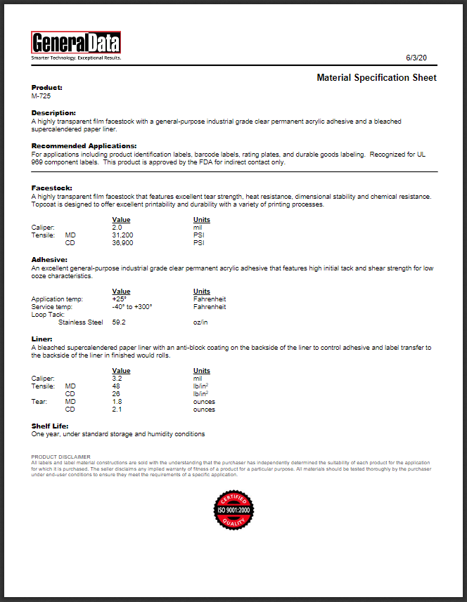 M-725 Material Specification Sheet