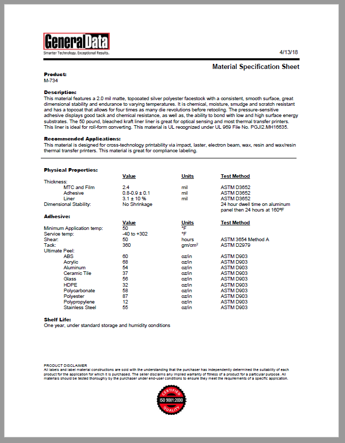 M-734 Material Specification Sheet