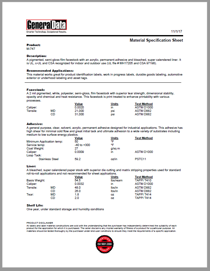 M-747 Material Specification Sheet