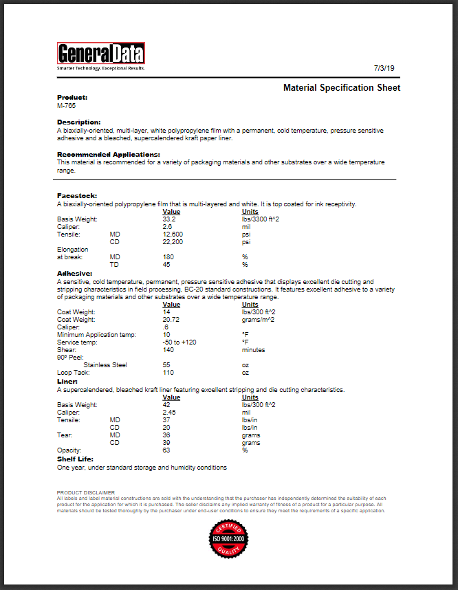 M-765 Material Specification Sheet