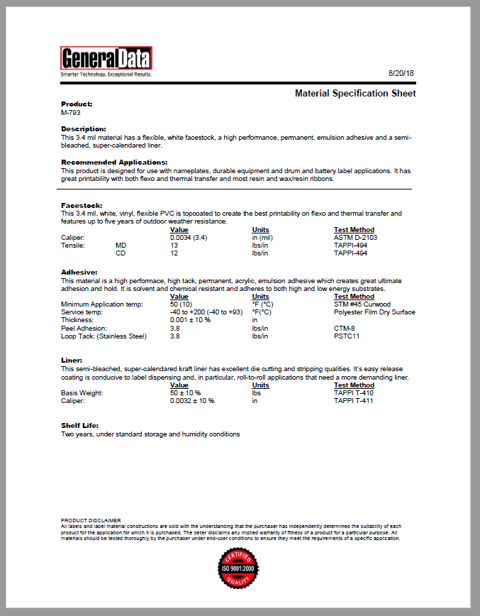 M-793 Material Specification Sheet