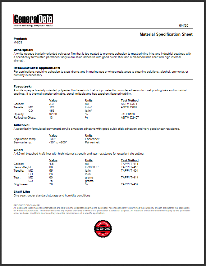 M-803 Material Specification Sheet 