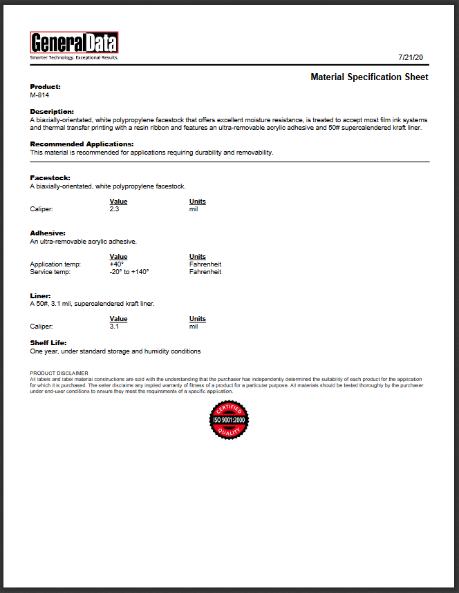 M-814 Material Specification Sheet