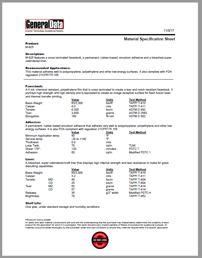 M-825 Material Specification Sheet