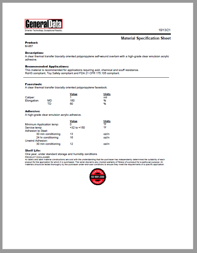 M-867 Material Specification Sheet