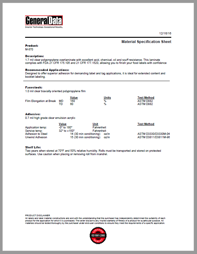 M-870 Material Specification Sheet