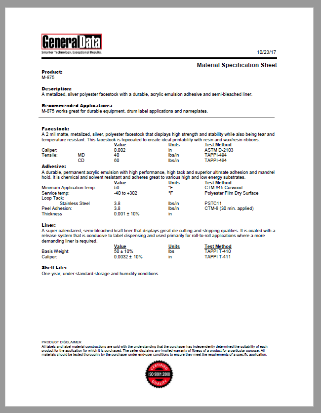 M-875 Material Specification Sheet