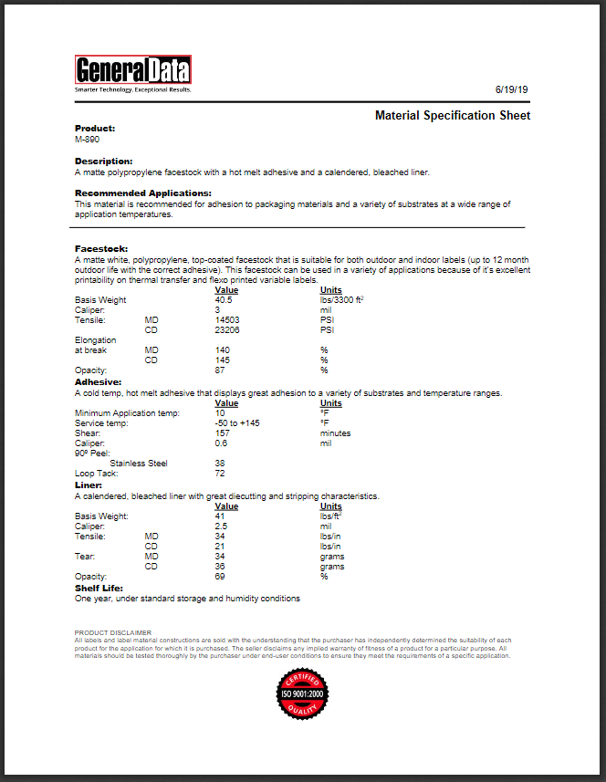 M-890 Material Specification Sheet