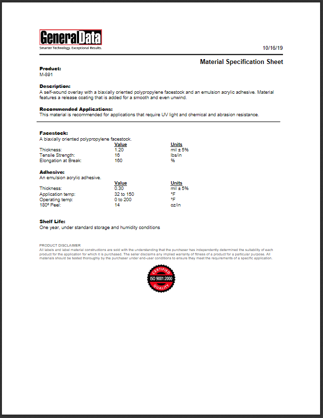 M-891 Material Specification Sheet