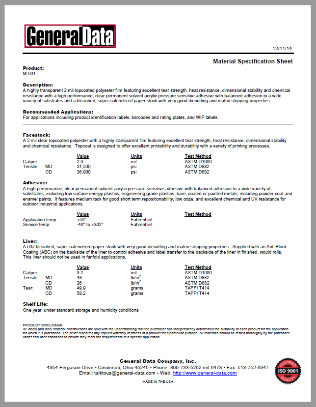 M-901 Material Specification Sheet