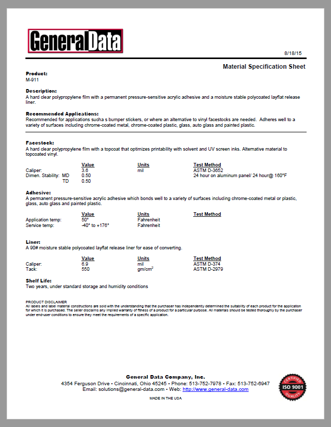 M-911 Material Specification Sheet