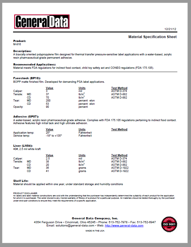 M-916 Material Specification Sheet