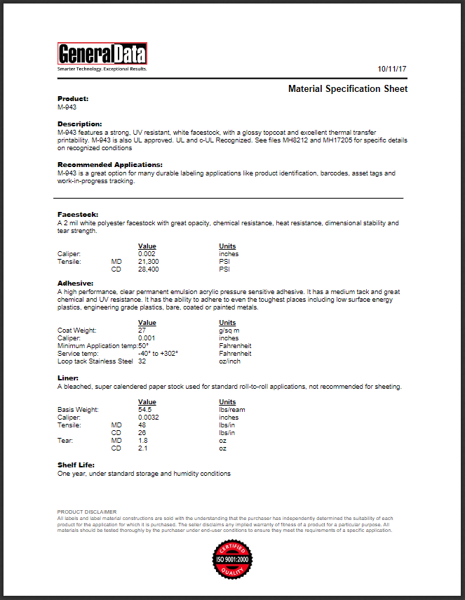 M-943 Material Specification Sheet