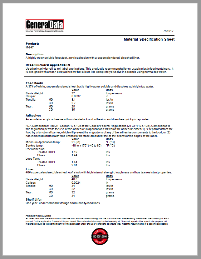 M-947 Material Specification Sheet