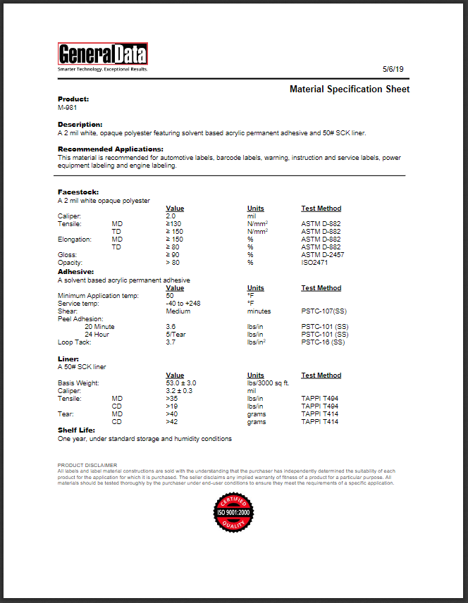M-981 Material Specification Sheet