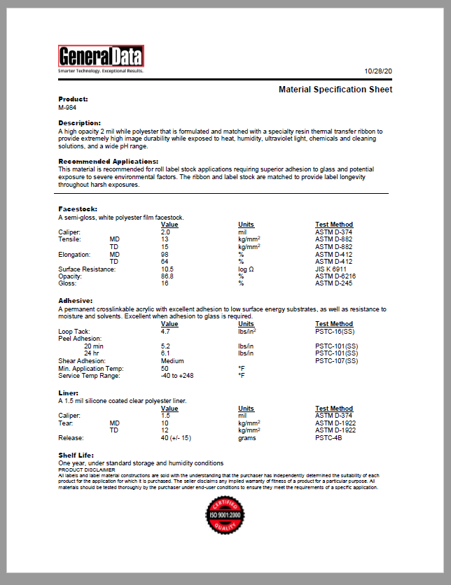 M-984 Material Specification Sheet