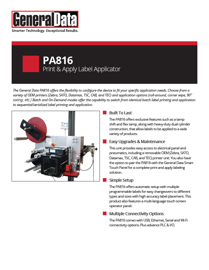 PA816 Print and Apply Labeler Product Brochure