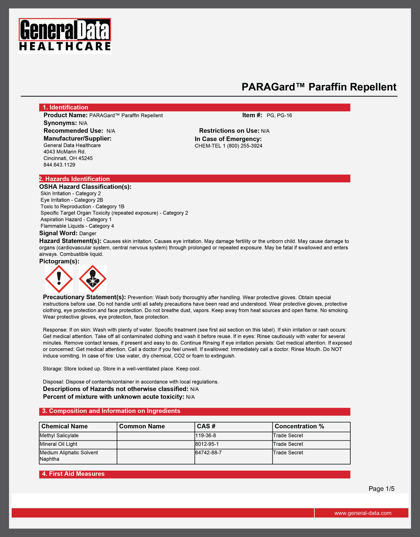 PARAGard Paraffin Repellent Safety Data Sheet