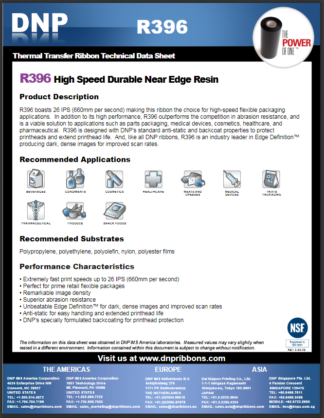 R396 Specification Sheet