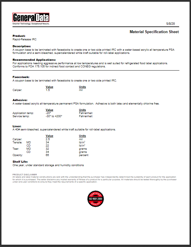 Rapid Release Material Specification Sheet 