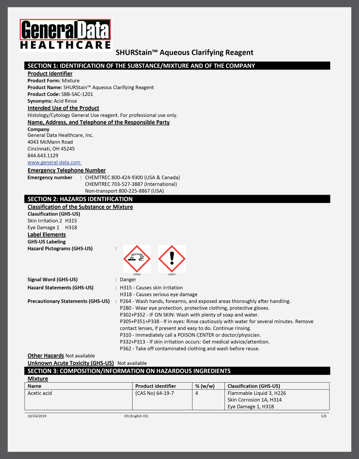 SHURStain Aqueous Clarifying Reagent Safety Data Sheet