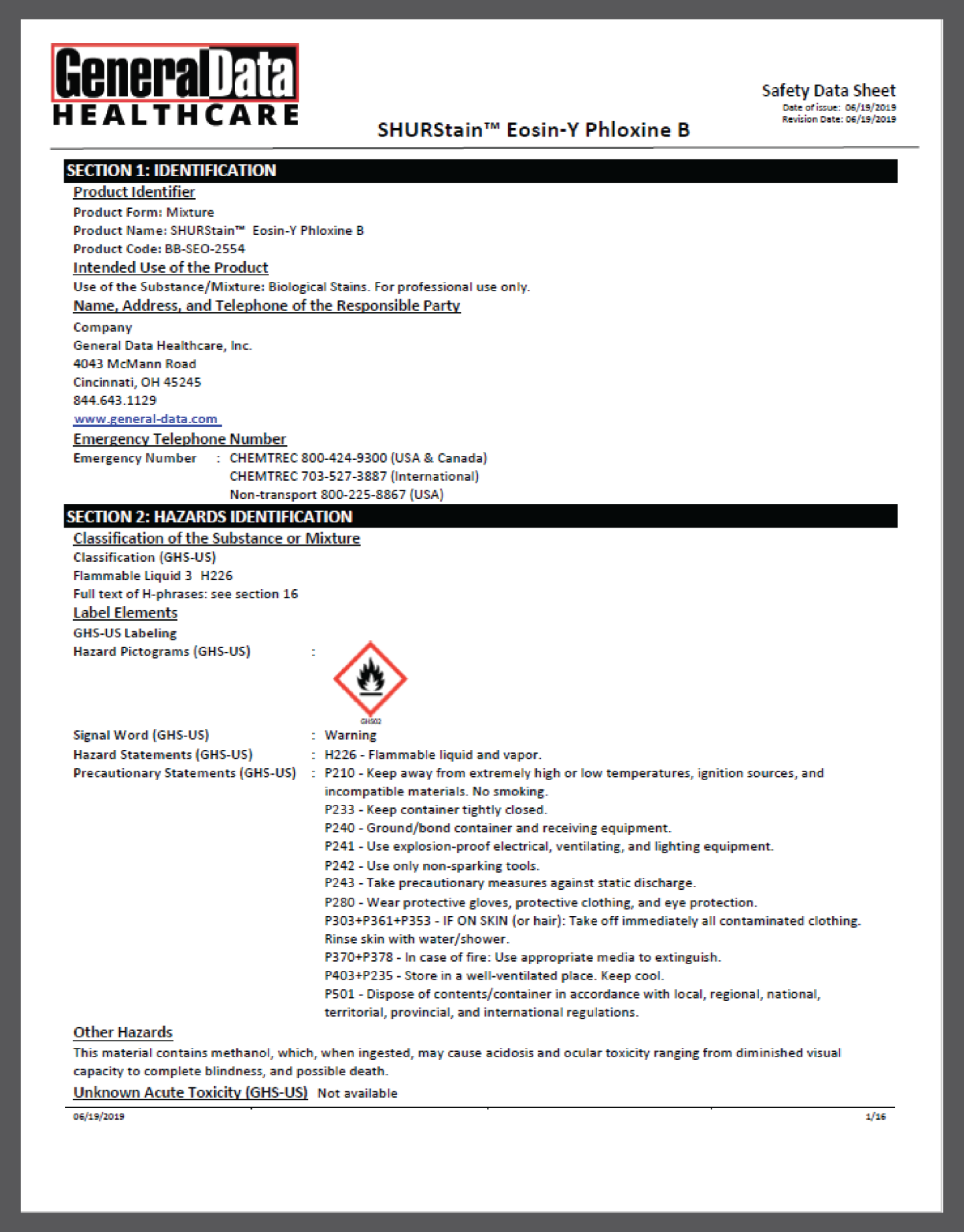 SHURStain Eosin-Y With Phloxine B Safety Data Sheet