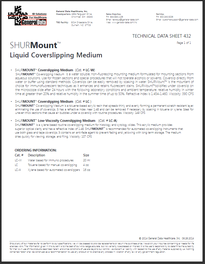  SHURMount Liquid Coverglass & Mounting Media Technical Data Sheet 432