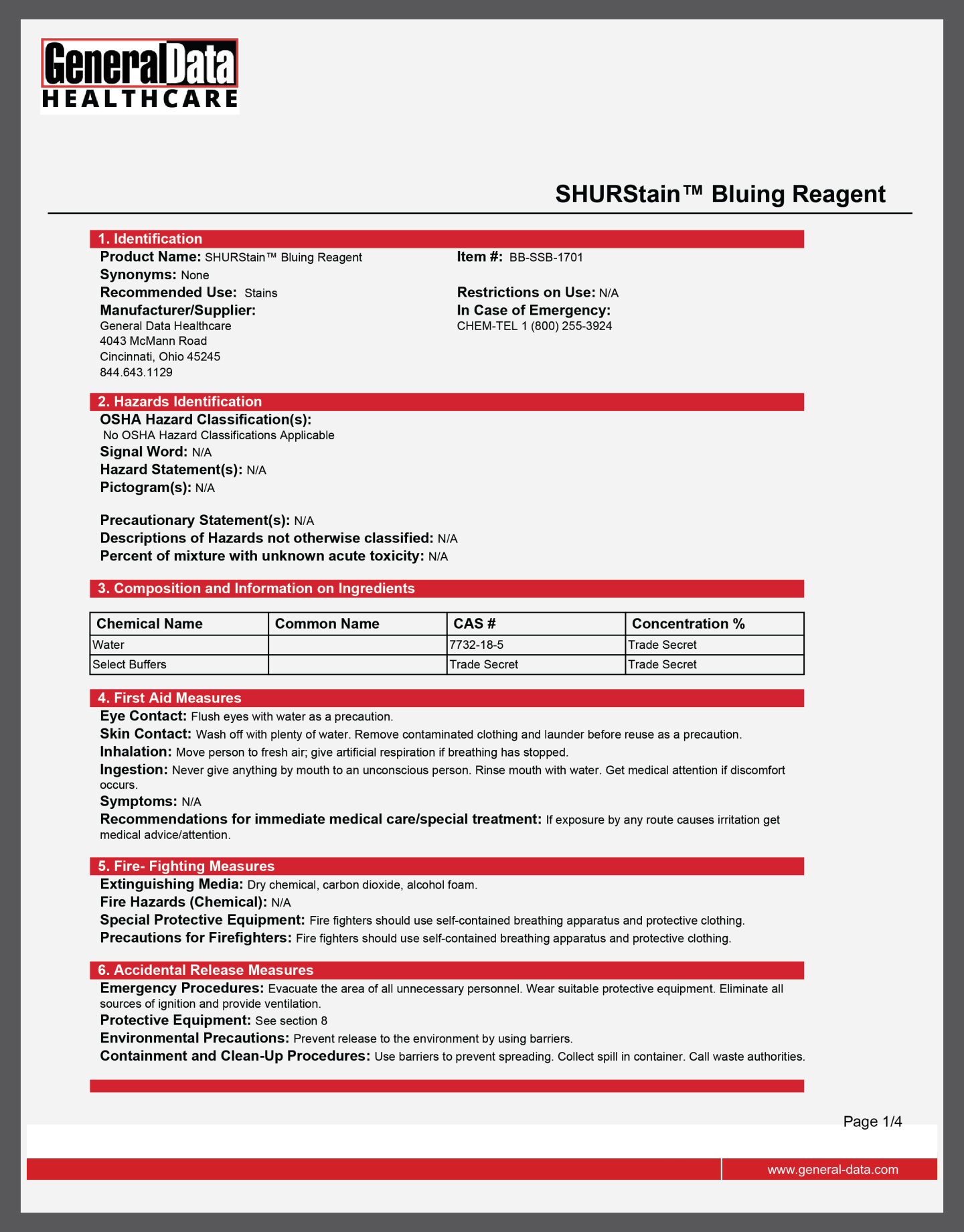 SHURStain Bluing Reagent Safety Data Sheet 