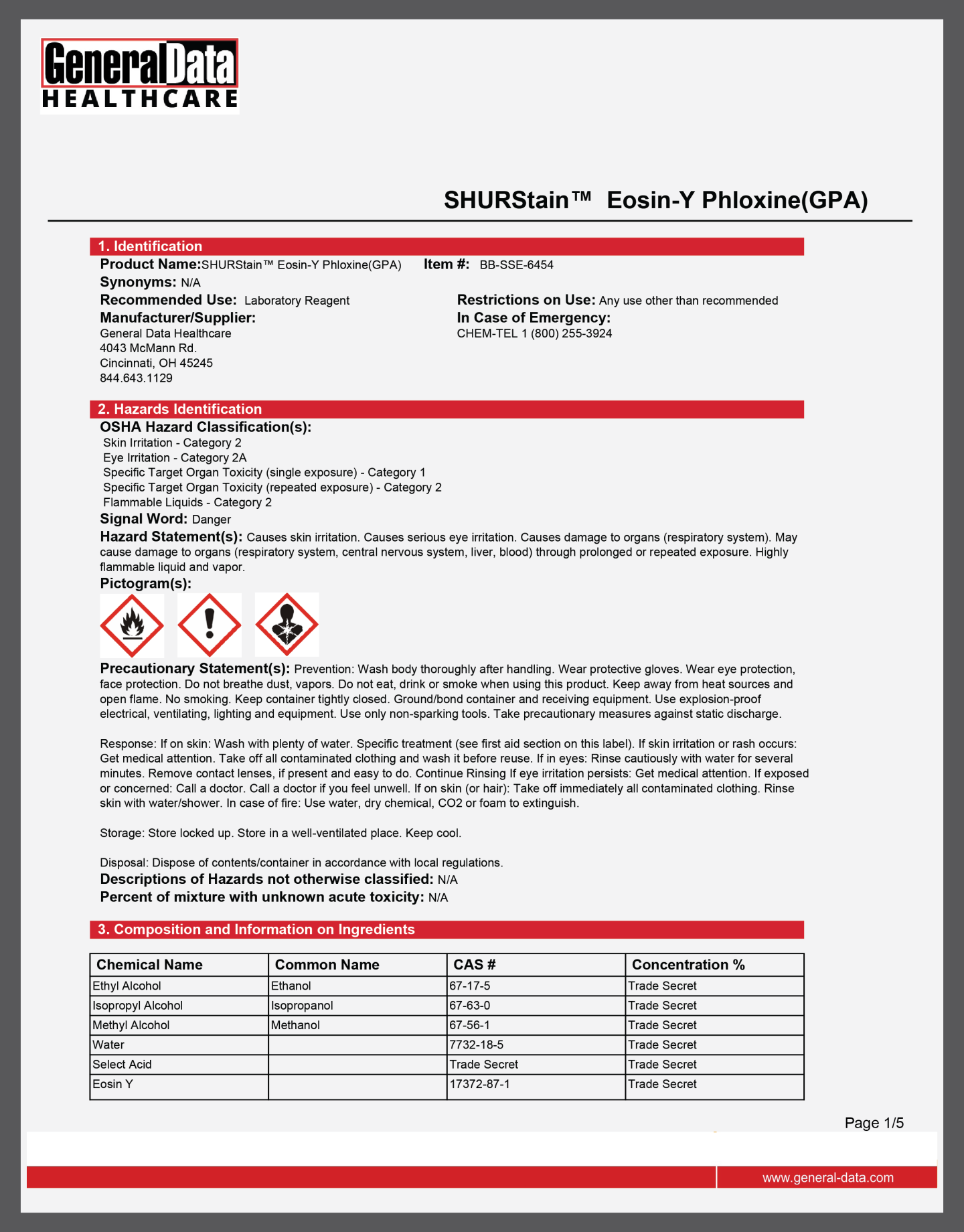SHURStain Select Eosin-Y Phloxine (GPA) Safety Data Sheet