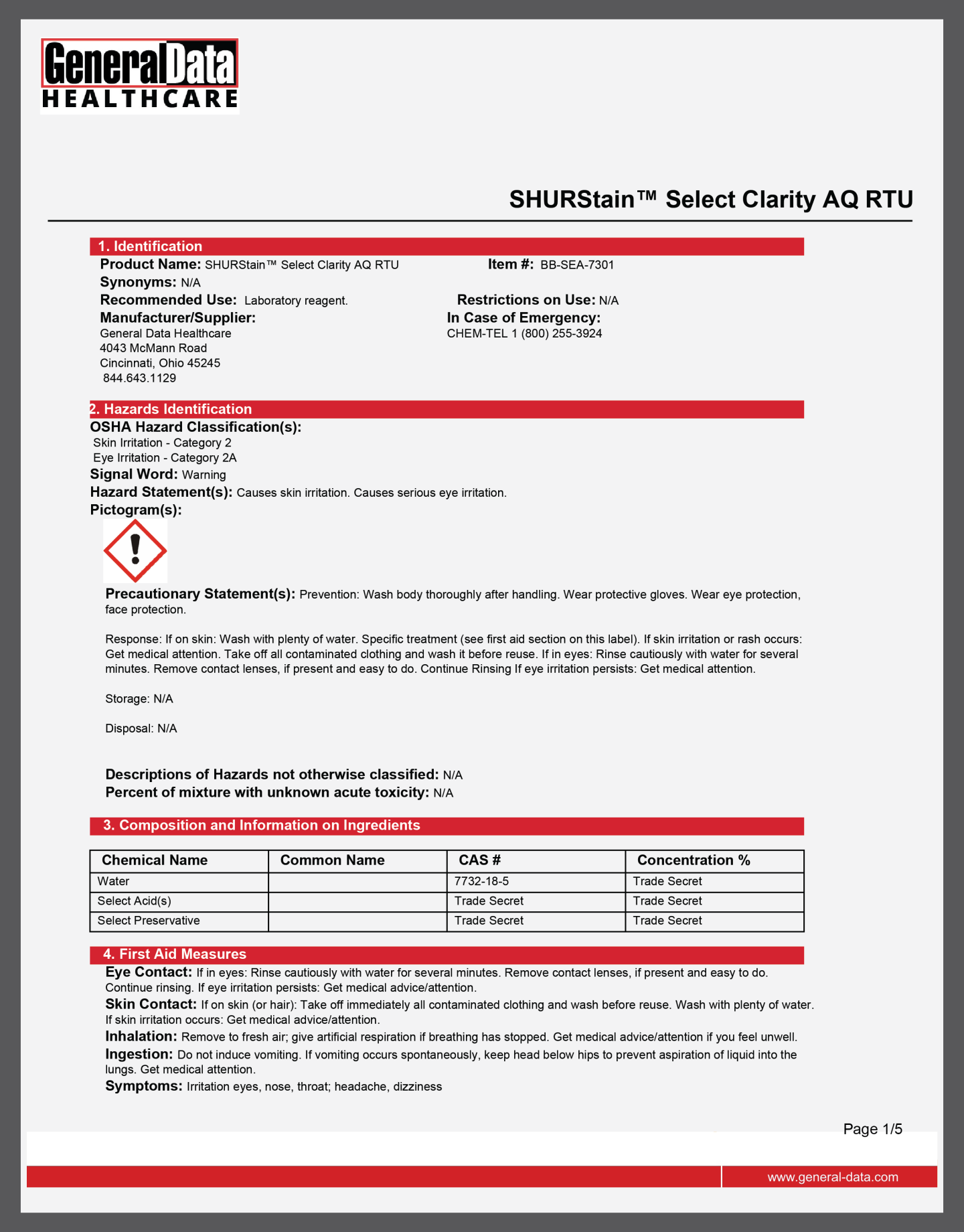 SHURStain Select Clarity AQ RTU Safety Data Sheet