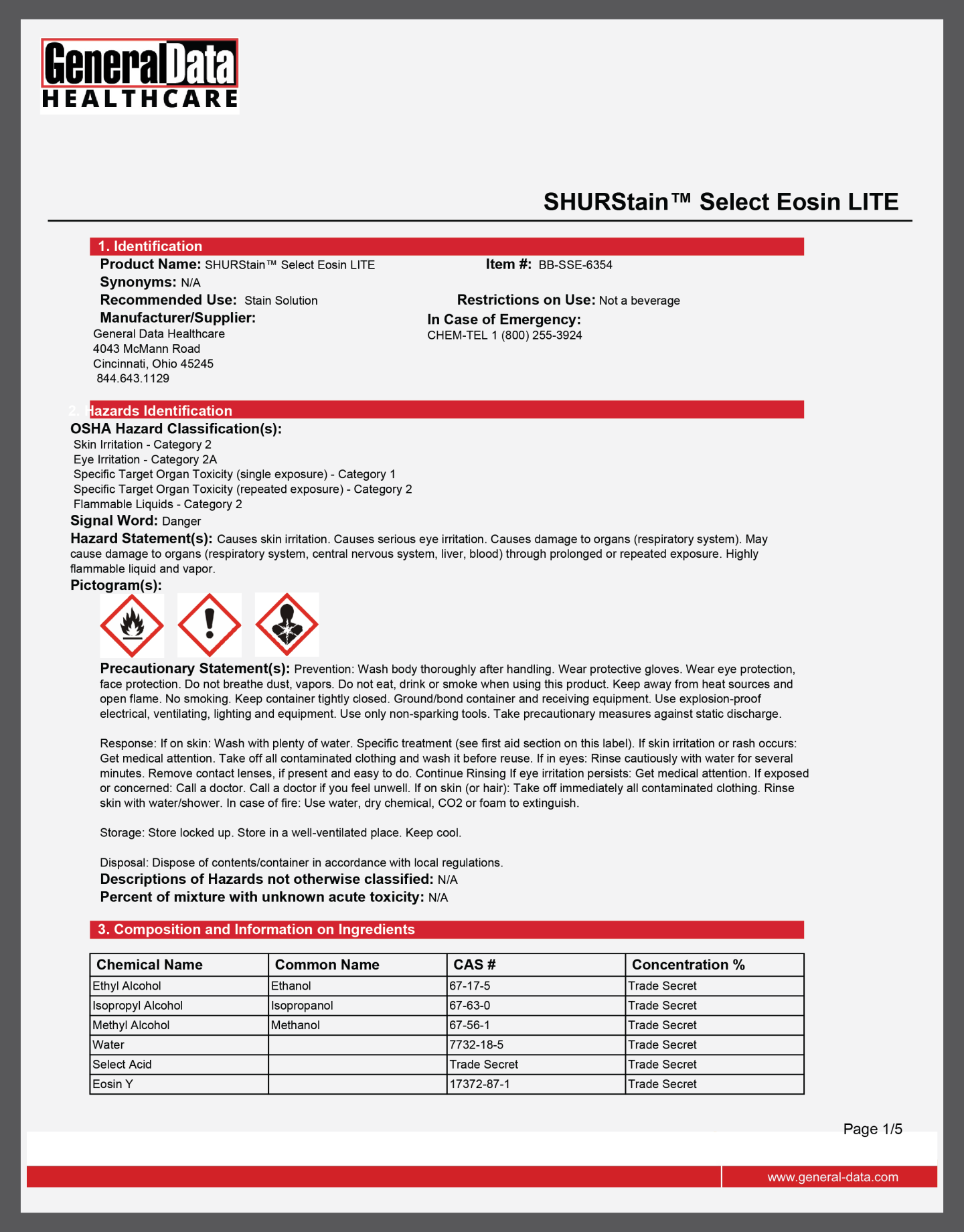 SHURStain Select Eosin LITE Safety Data Sheet