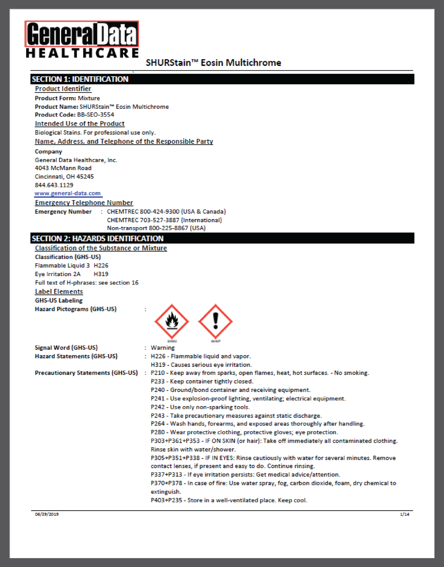 SHURStain Eosin Multichrome Safety Data Sheet