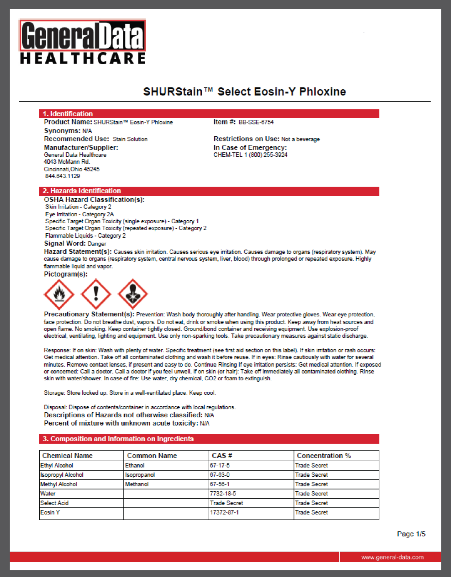 SHURStain Select Eosin-Y Phloxine Safety Data Sheet